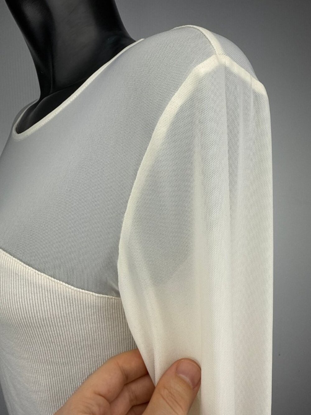 TRISTAN Stretch Knit‎ Sheer Mesh Lace Yoke Long Sleeve Top Ivory White Size L - Picture 6 of 9